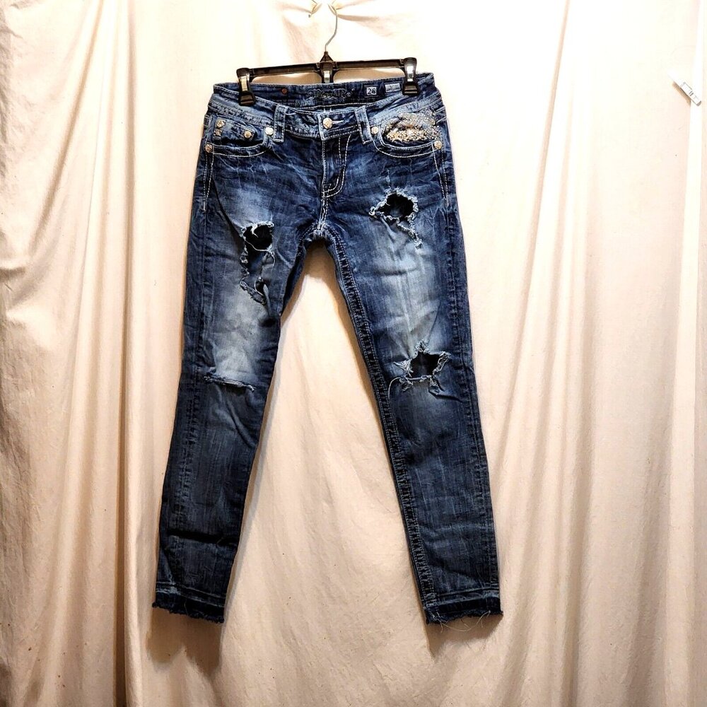 Miss Me Blue Jeans Destroyed Holes Signature Ankle Skinny Bling Embroidery 28